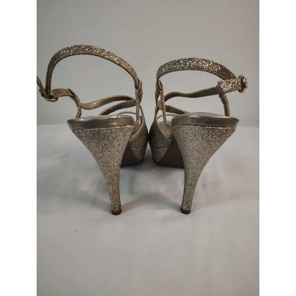 Unlisted Kenneth Cole Glitter Platform Heels Gold Peep Toe Shoes Womens 9.5